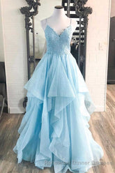 Elegant Light Blue Ruffled Tulle Semi Formal Prom Dress